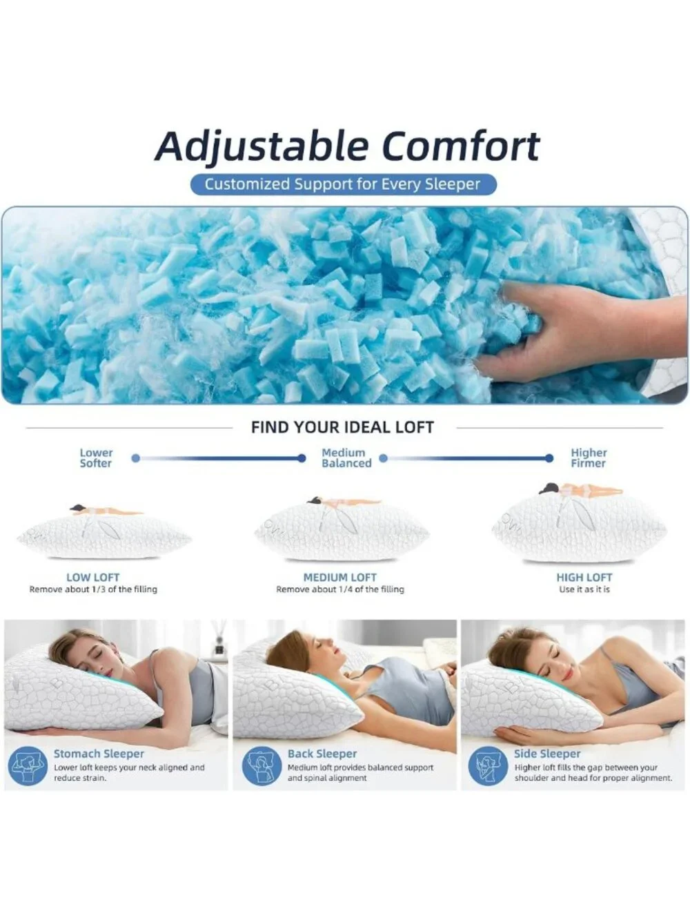 Cooling Shredded Memory Foam Pillows Set of 2 - Queen Size, Bamboo Cover